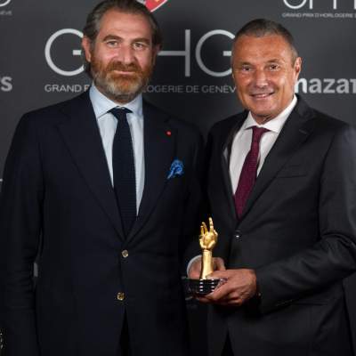 Jean-Christophe Babin, CEO of Bulgari and Fabrizio Buonamassa, Creative director of Bulgari, winner of the “Aiguille d’Or” Grand Prix 2021