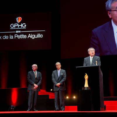 Dominique Fléchon and Abdul Hamied Seddiqi (jury members) and Susumu Kawanishi (Senior Vice-president of Seiko, winner of the “Petite Aiguille” Prize 2014)