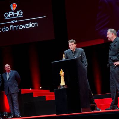  Benjamin Clymer et William Rohr (membres du jury), Felix Baumgartner et Martin Frei (Co-fondateurs de Urwerk, marque lauréate du Prix de l’Innovation 2014)
