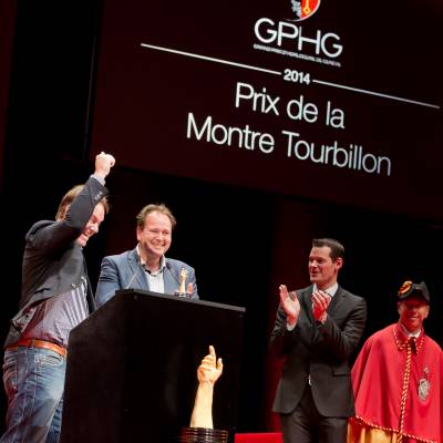 Bart and Tim Grönefeld (Co-founders of Grönefeld, winner of the Tourbillon Watch Prize 2014) and Pierre Maudet (State councillor)