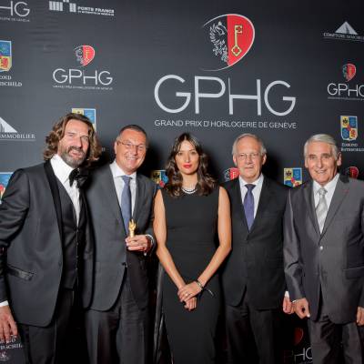 Frédéric Beigbeder (presenter), Jean-Christophe Babin (CEO of Bulgari, winner of the Jewellery Watch Prize 2014), Melanie Winiger (presenter), Johann Schneider-Ammann (Federal councillor) and Carlo Lamprecht (President of the Foundation of the GPHG)