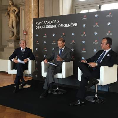 Carlo Lamprecht, Presidente della Fondation du GPHG, Sua Eccellenza Giancarlo Kessler, Ambasicatore della Svizzera in Italia et Sergio Solero, Presidente ed Amministratore delegato per BMW Italia