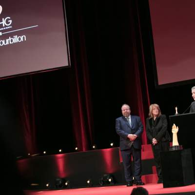 René Beyer et Paola Pujia (membres du jury) et Antonio Calce (CEO de Girard-Perregaux, lauréat du Prix Tourbillon 2016 et du Prix de la Haute Mécanique pour Dame 2016)
