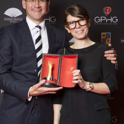 Sean Gilbertson et Aurélie Picaud (CEO et Directrice horlogerie de Fabergé, lauréats du Prix de la Montre à Fuseaux Horaires 2016)