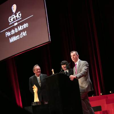 Pierre Maillard, Chantal Thomass (membres du jury) et Philippe Léopold-Metzger (CEO de Piaget, lauréat du Prix de la Montre Métiers d’Art 2016 et du Prix de la Montre Dame 2016)