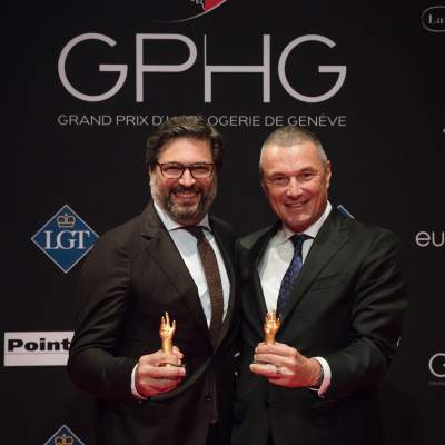 Guido Terreni (General Manager Horlogerie de Bvlgari) et Jean-Christophe Babin (CEO de Bvlgari), lauréats du Prix du Tourbillon et de l’Echappement 2017 et du Prix de la Montre Homme 2017