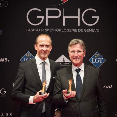 Steve Amstutz (Vice-President CCO of Parmigiani Fleurier) and Michel Parmigiani (President and Founder of Parmigiani Fleurier) winners of the Chronograph Watch Prize 2017 and the Travel Time Watch Prize 2017