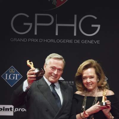 Karl-Friedrich Scheufele and Caroline Scheufele (Co-Presidents of Chopard, winners of the « Aiguille d’Or » Grand Prix 2017)