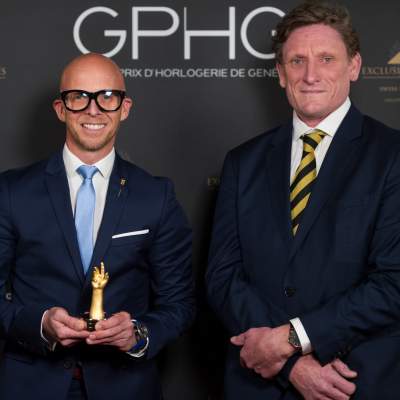 Stephen Forsey et David Bernard, Co-fondateur de Greubel Forsey /  Responsable de l'atelier Hand Made de Greubel Forsey, lauréats du Prix de la Complication pour Homme 2020