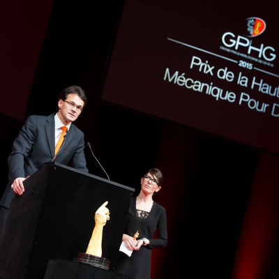 Sean Gilbertson et Aurélie Picaud (CEO et directrice horlogerie de Fabergé, marque lauréate du Prix de la Haute Mécanique pour Dame 2015) 
