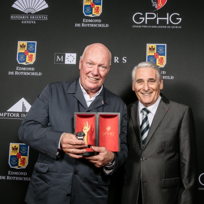 Jean-Claude Biver (Président de la Division Montres du Groupe LVMH et Chairman de Hublot, marque lauréate du Prix de la Montre Dame 2015) et Carlo Lamprecht (Président de la Fondation du GPHG)