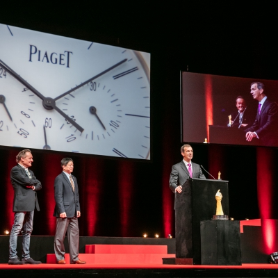 Philippe Léopold-Metzger (CEO de Piaget, marque lauréate du Prix de la Montre Chronographe 2015 et du Prix « Revival » 2015), avec Philippe Maillard et Zhixiang Ding (membres du jury)