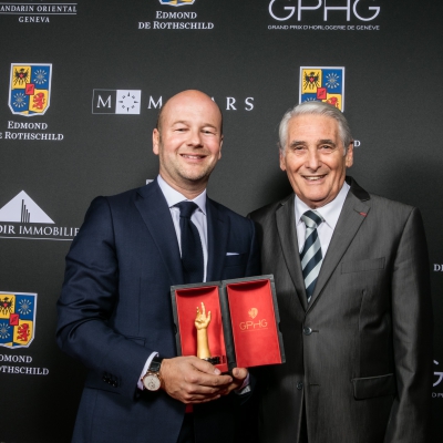  Christian Lattmann (Senior Executive Vice President of Jaquet Droz, winner of the Mechanical Exception Watch Prize 2015) and Carlo Lamprecht (President of the Foundation of the GPHG)