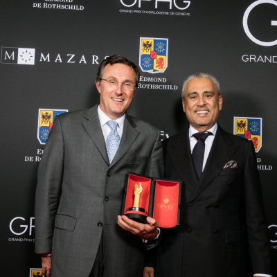 Philippe Peverelli (CEO de Tudor, marque lauréate du Prix de la Montre Sport 2015) avec Abdul Hamied Seddiqi (Vice-président de Ahmed Seddiqi & Sons et membre du jury)