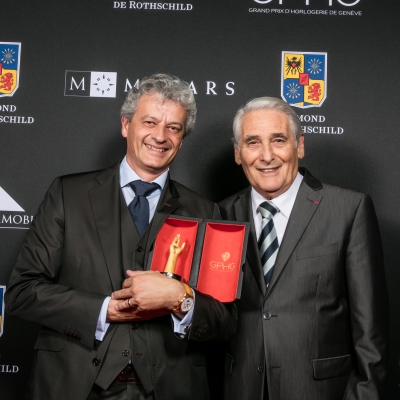 Lionel a Marca (Vice President, Head of Technical and Development Management de Blancpain, marque lauréate du Prix de la Montre Métiers d’Art 2015), avec Carlo Lamprecht (Président de la Fondation du GPHG)