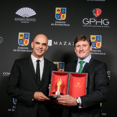 Alain Berset (Conseiller fédéral) et Stephen Forsey (Co-fondateur de Greubel Forsey, marque lauréate du Grand Prix de l’Aiguille d’Or 2015)