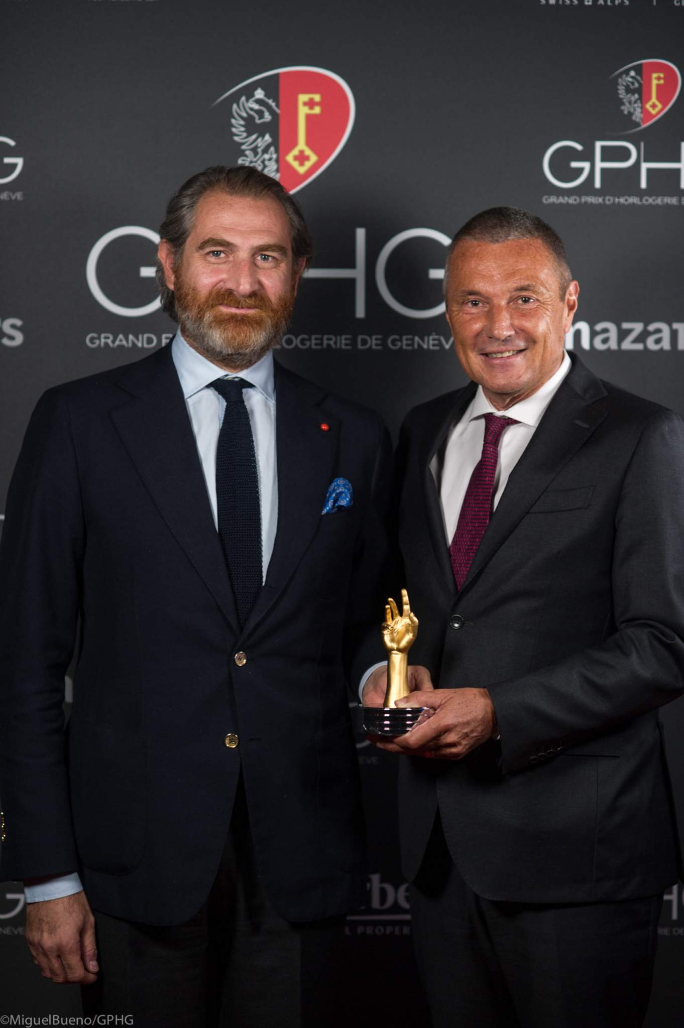 Jean-Christophe Babin, CEO of Bulgari and Fabrizio Buonamassa, Creative director of Bulgari, winner of the “Aiguille d’Or” Grand Prix 2021