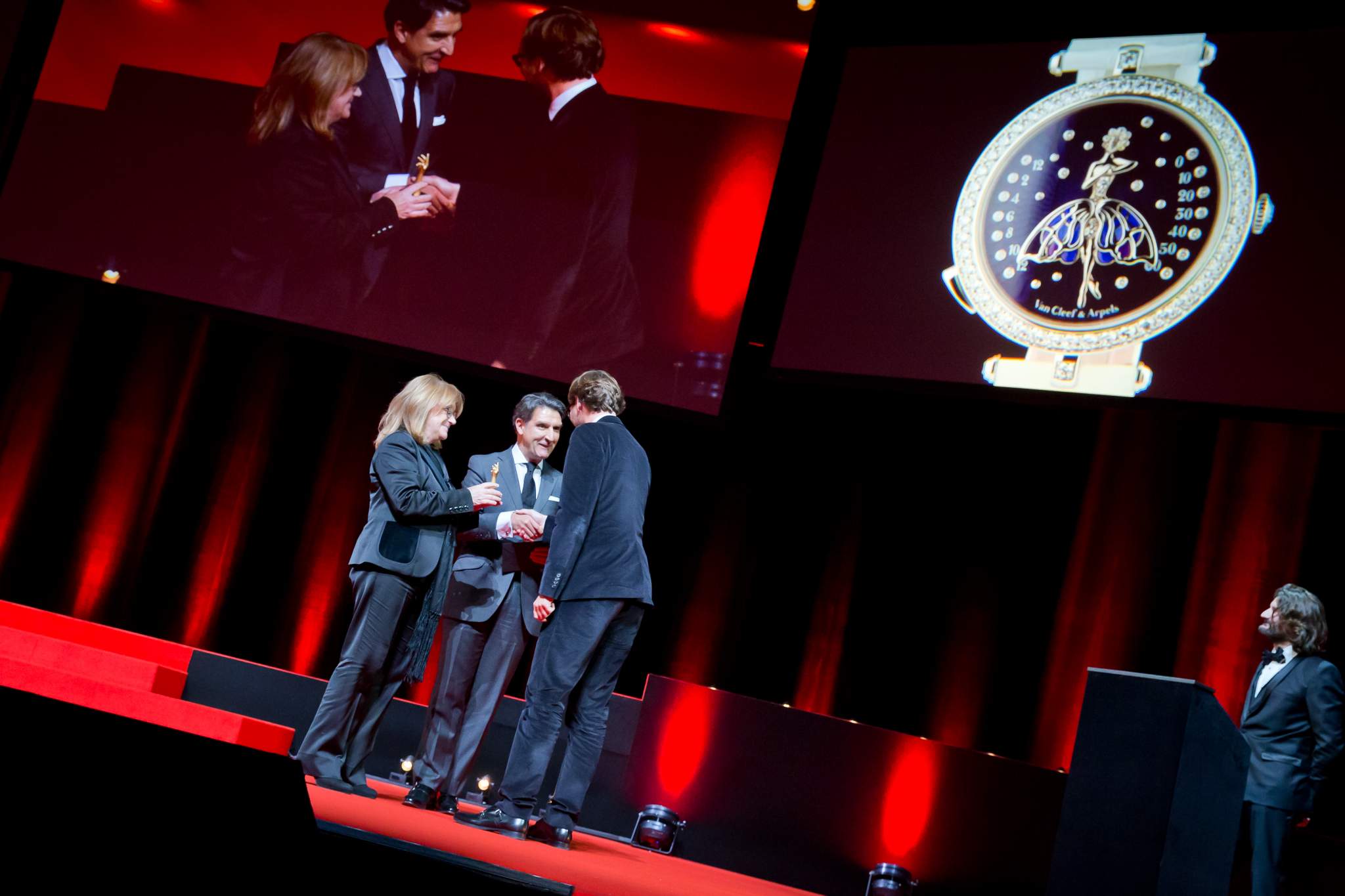 Paola Pujia and Carlos Alonso, member of the Jury 2013, with Nicolas Bos, CEO of Van Cleef &amp; Arpels