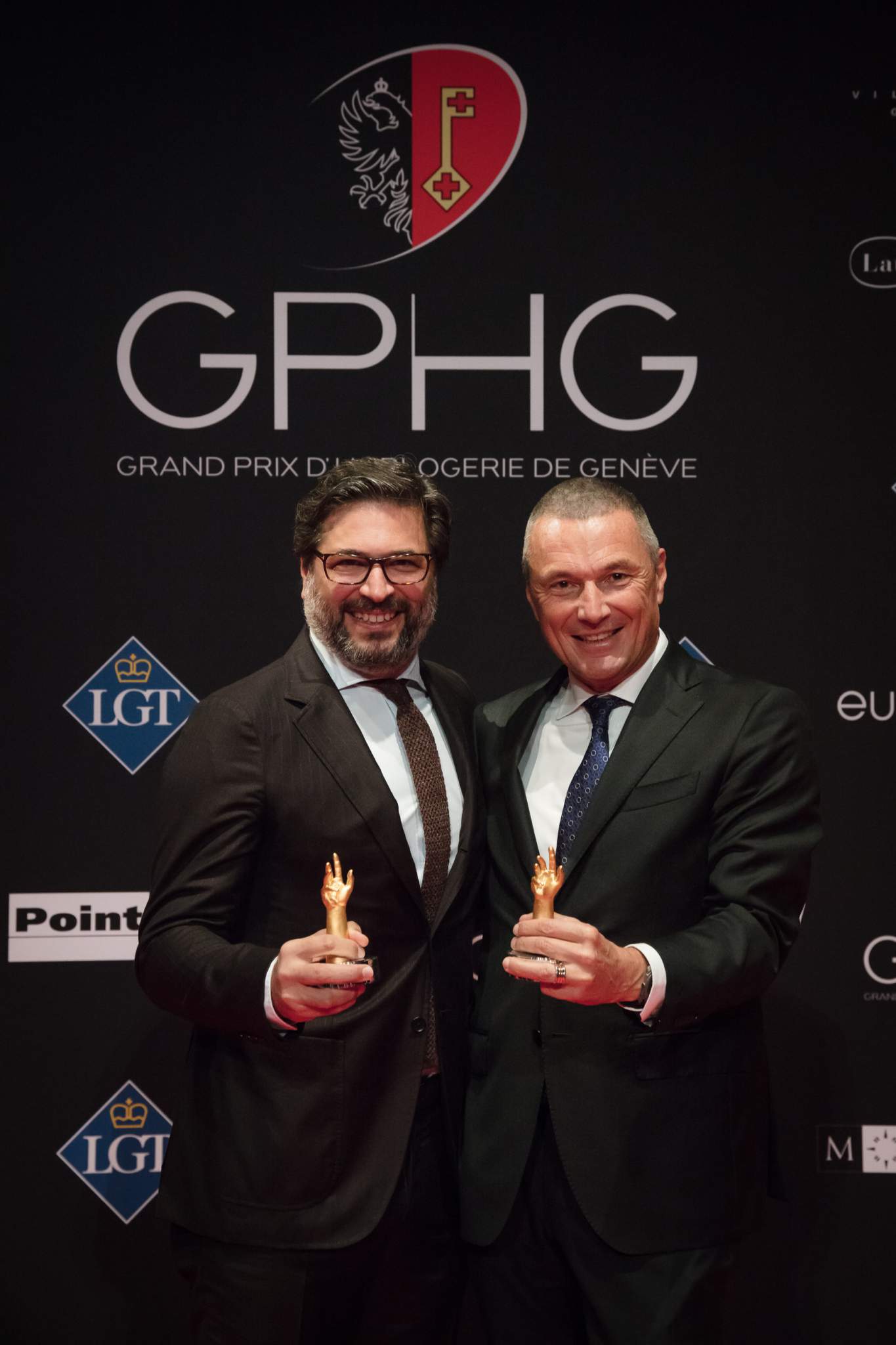 Guido Terreni (General Manager Horlogerie de Bvlgari) and Jean-Christophe Babin (CEO of Bvlgari), winners of the Tourbillon and Escapement Watch Prize 2017 and of the Men’s Watch Prize 2017