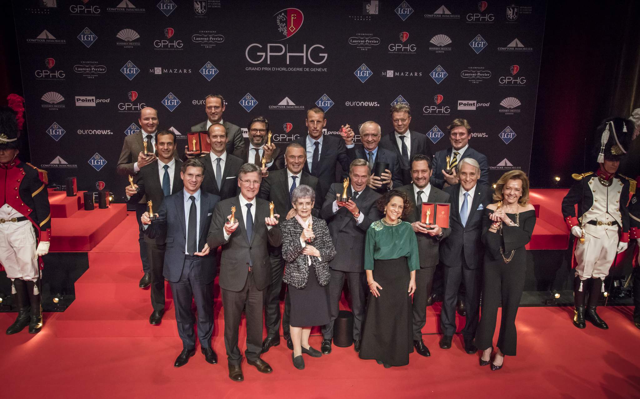 Kari Voutilainen (Founder of Voutilainen), Eric de Rocquigny (International Operations &amp; Métiers Director of Van Cleef &amp; Arpels), Louis Ferla (CEO of Vacheron Constantin), Eric Pirson (Director of Tudor), Steve Amstutz (Vice-President CCO of Parmigiani Fleurier), Michel Parmigiani (President and Founder of Parmigiani Fleurier), Guido Terreni (General Manager Horlogerie of Bvlgari), Jean-Christophe Babin (CEO of Bvlgari), Suzanne Rohr, Patrick Pruniaux (CEO of Ulysse Nardin), Karl-Friedrich Scheufele (Co-President of Chopard), Walter von Känel (President general director of Longines), Anita Porchet, Nicolas Beau (International Watch Director of Chanel), Julien Tornare (CEO of Zenith), Stephen Forsey (Co-Founder of Greubel Forsey), Carlo Lamprecht (President of the Foundation of the GPHG), Caroline Scheufele (Co-President of Chopard)