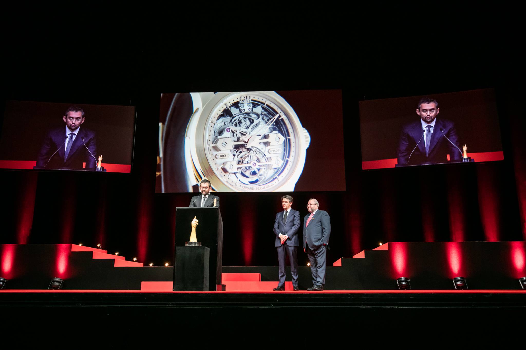 Stefano Macaluso (Product Development &amp; Design Director of Girard-Perregaux, winner of the Striking Watch Prize 2015) with Carlos Alonso and René Beyer (jury members)