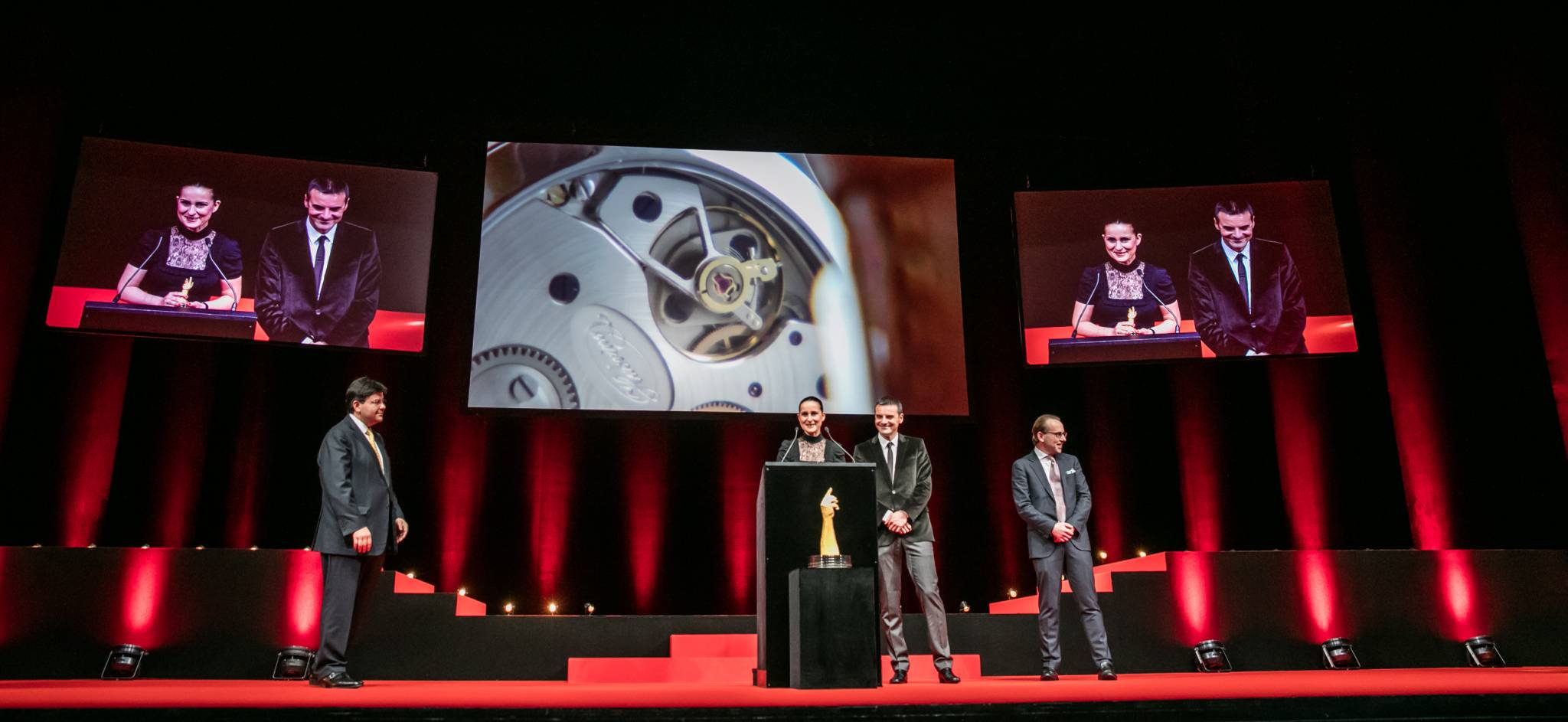 Maria Kristina and Richard Habring (Founders and CEOs of Habring2 , winner of the « Petite Aiguille » Prize 2015) with James Gurney and Sean Lo (jury members)