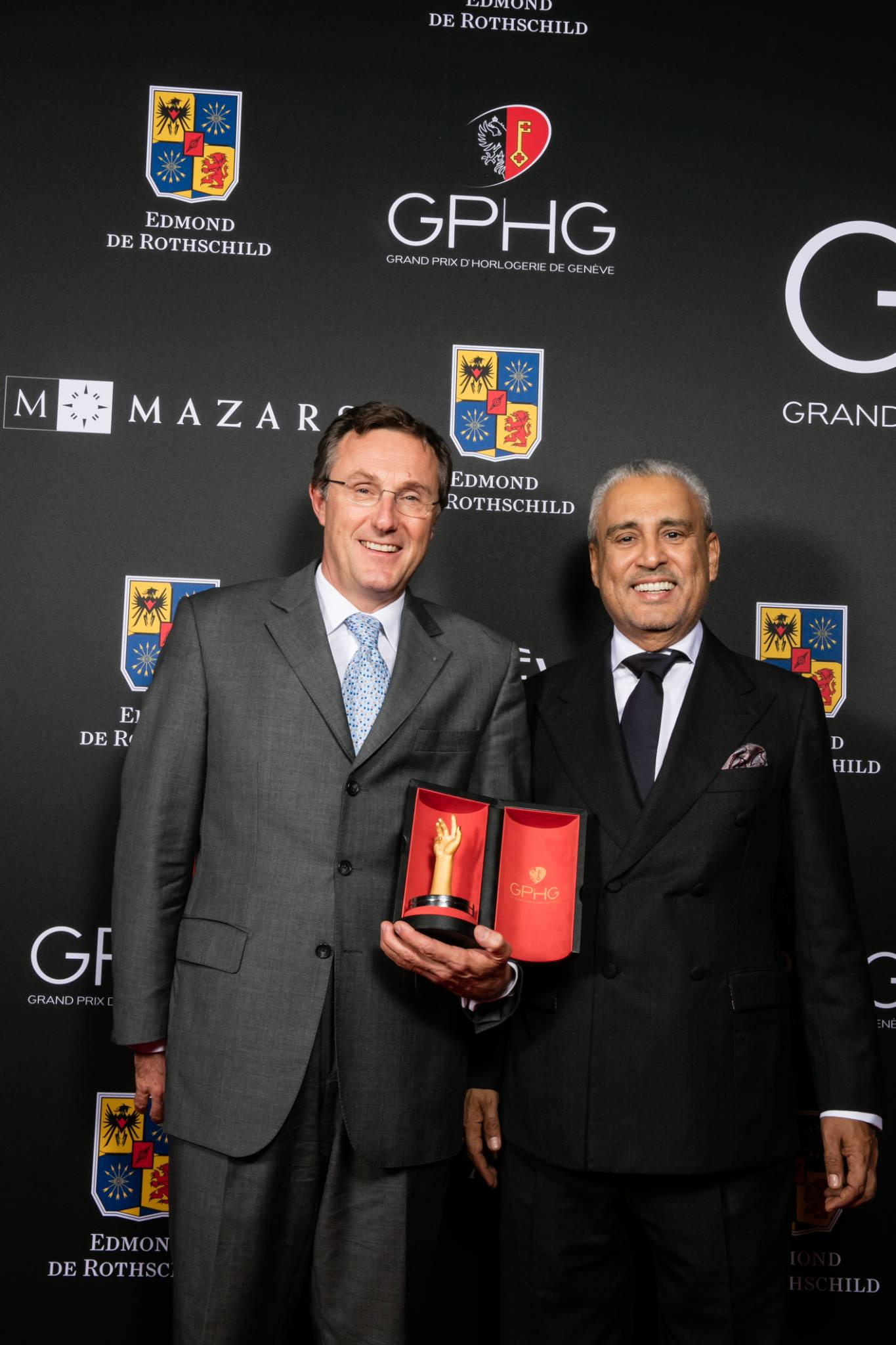 Philippe Peverelli (CEO of Tudor, winner of the Sport Watch Prize 2015) with Abdul Hamied Seddiqi (Vice-chairman of Ahmed Seddiqi &amp; Sons and jury member)